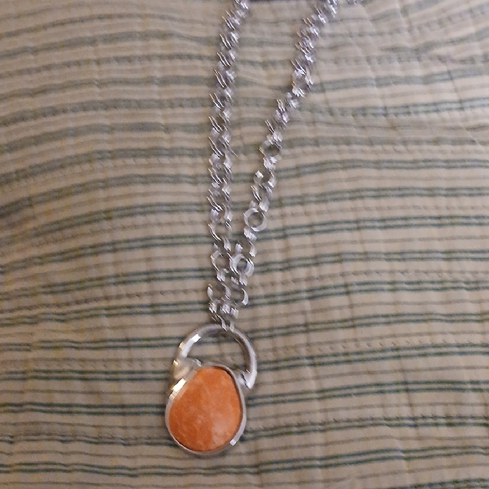 Silver Chain Necklace with Orange Stone Pendant